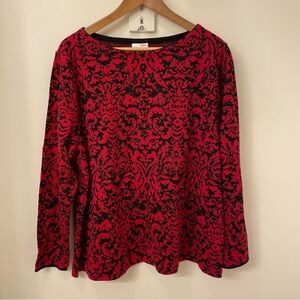 J. Jill Red Black Long Sleeve Pullover Top Rhinestones Sweater Baroque XLP, NWT